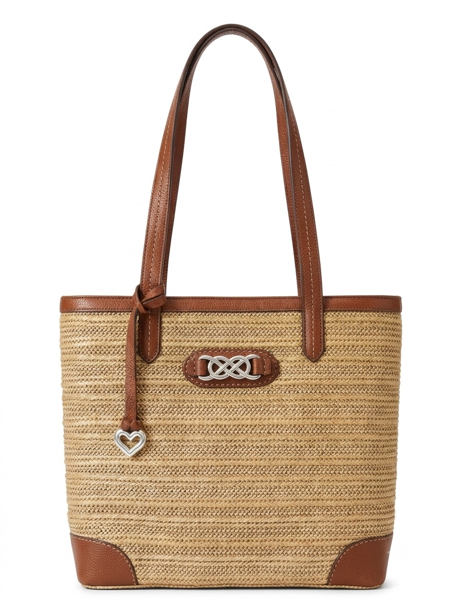 Brighton Interlok Tara Woven Straw Tote With Brown Leather Trim